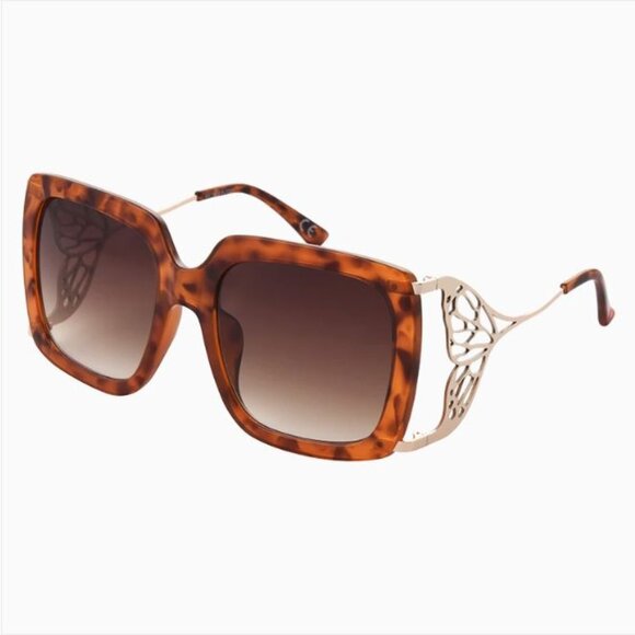Betsey Johnson Large Tort Square with with Gold Butterfly Arms Sunglasses NWT - Picture 1 of 6